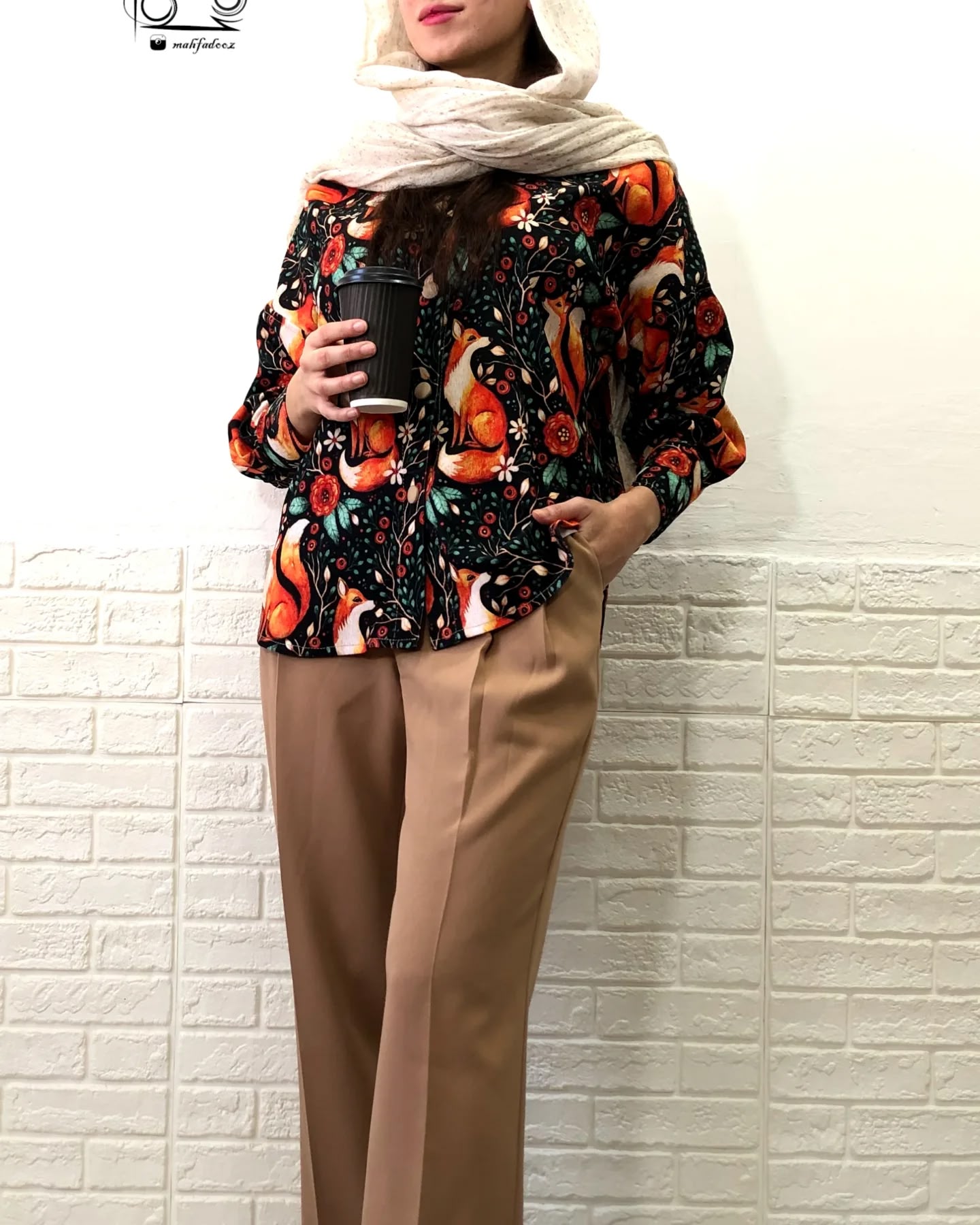 شومیز زنانه مدل کیمونو یقه مردانه جنس کبریتی طرح روباه