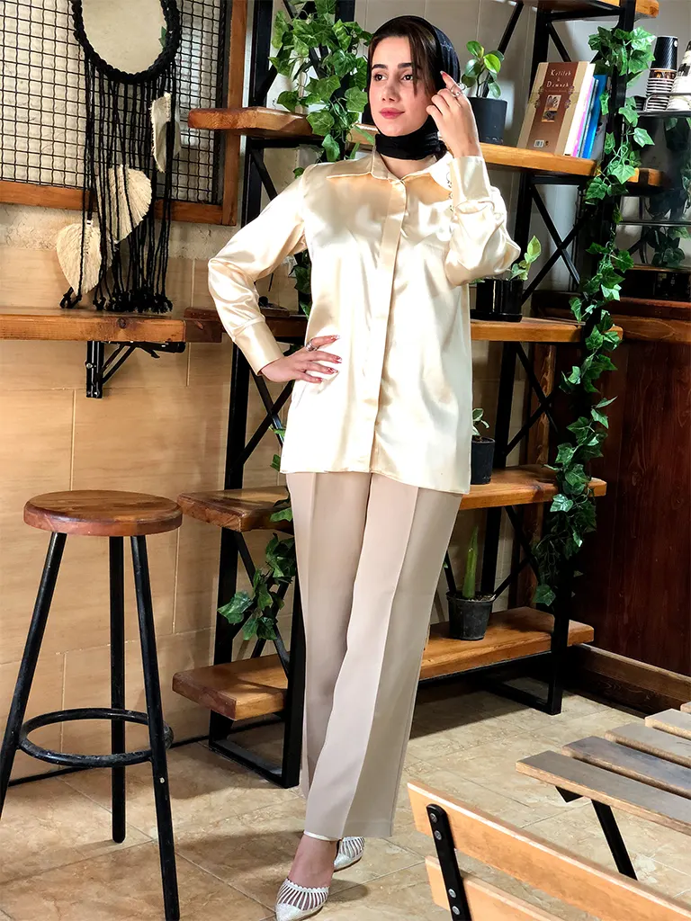 شومیز زنانه مدل یقه مردانه دکمه مخفی طرح مرلین جنس ساتن نباتی