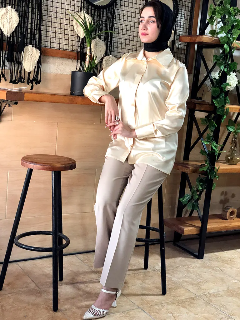 شومیز زنانه مدل یقه مردانه دکمه مخفی طرح مرلین جنس ساتن نباتی