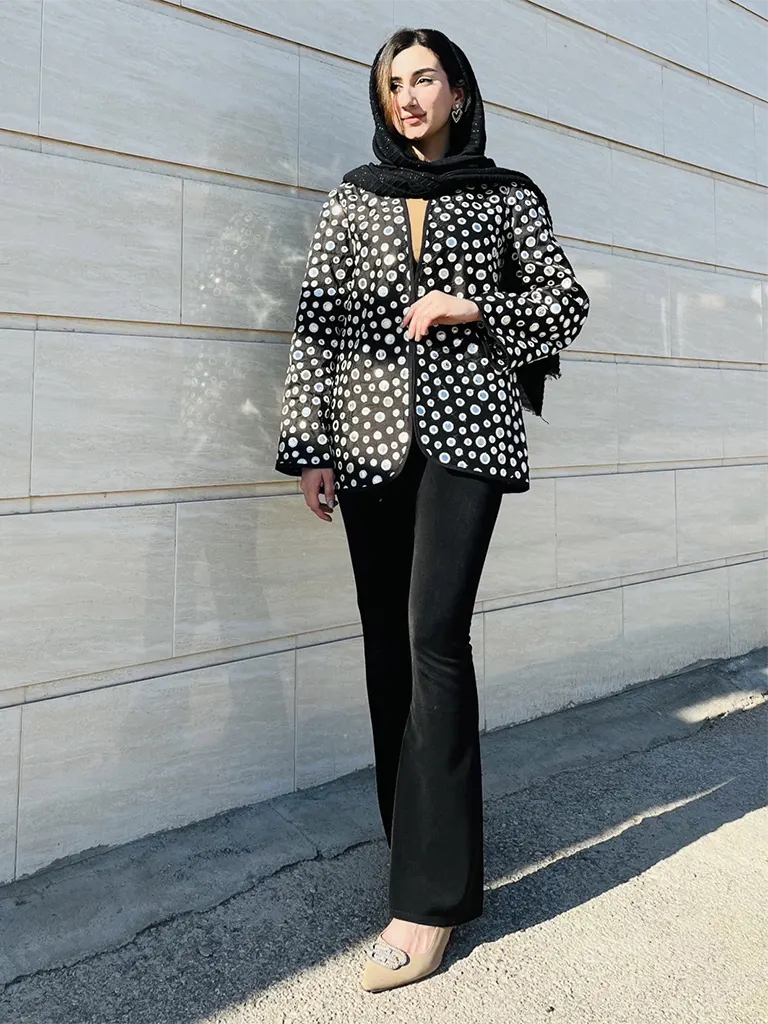 کت زنانه جلو باز طرح آبگین جنس تافته آینه کاری