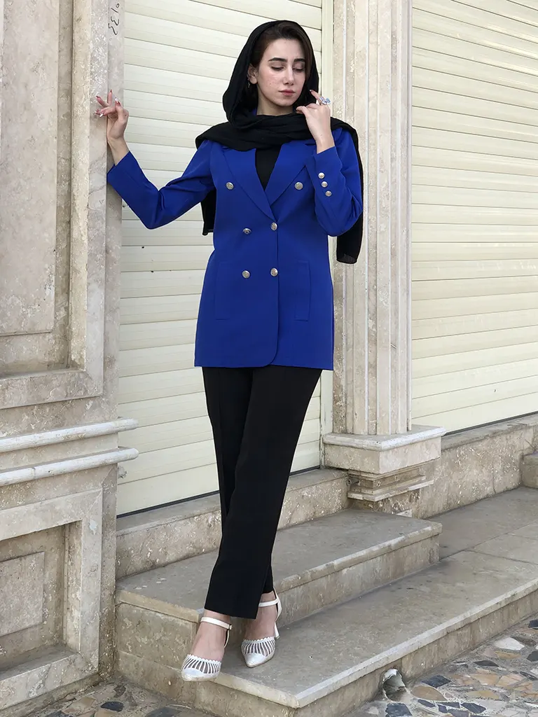 کت زنانه کاربنی مدل شش دکمه طرح پادیز جنس کرپ مازراتی