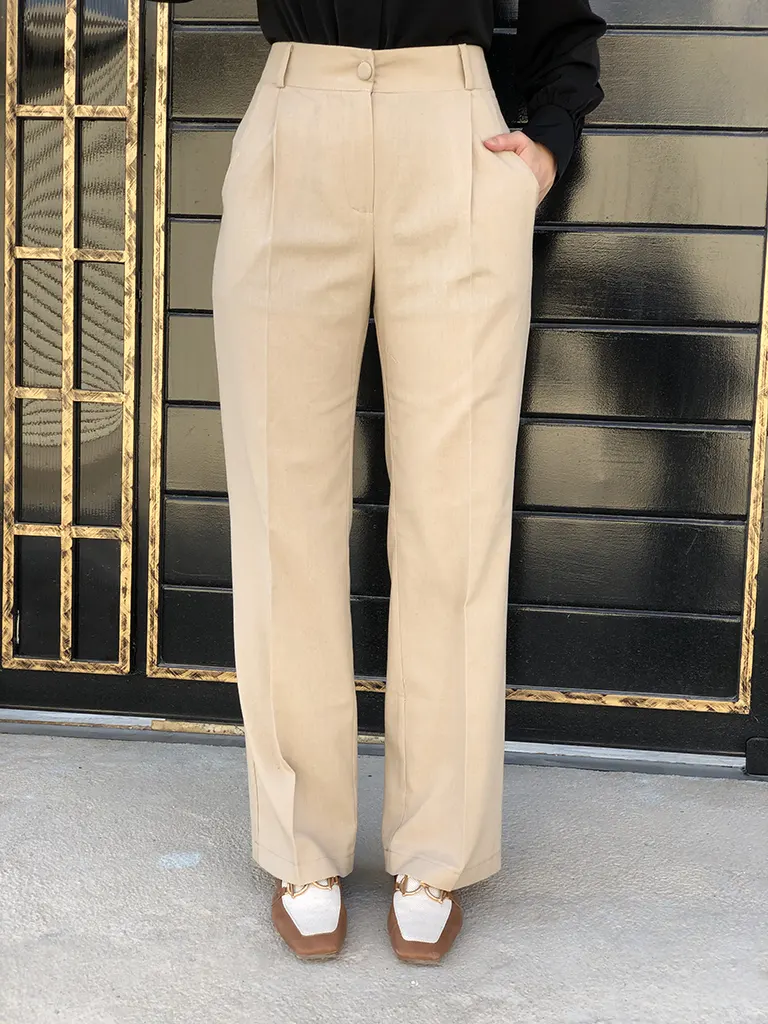 شلوار زنانه نیم بگ پیلی دار لینن