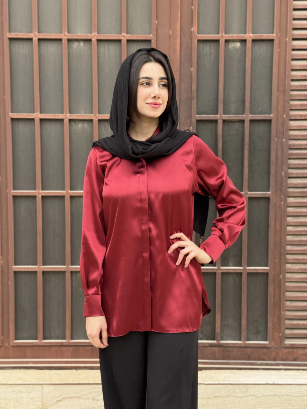 شومیز ساتن زرشکی زنانه ال ایکس - نمای کامل